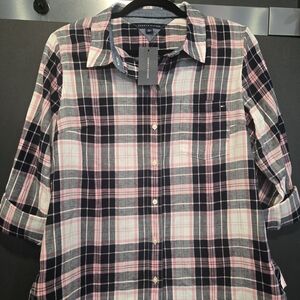 NWT Tommy Hilfiger Pink & Black Plaid Flannel Shirt Size Large